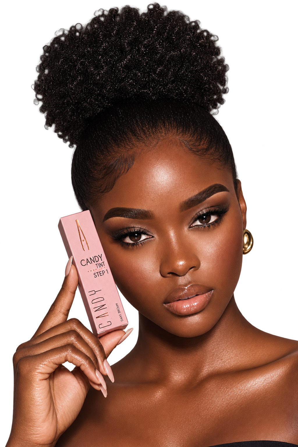 Candy Brow Bar model holding Candy Tint Step 1