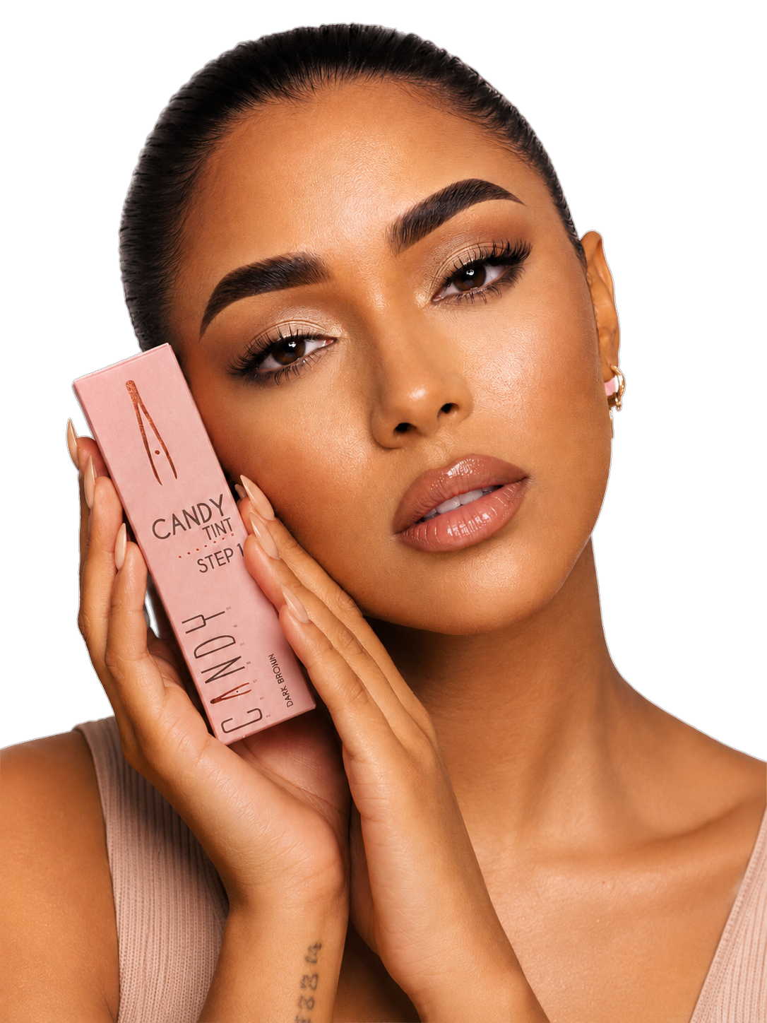 Candy Brow Bar model holding Candy Tint Step 1